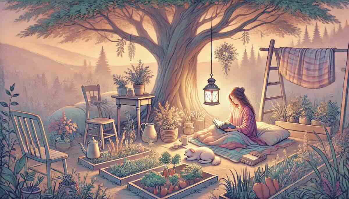 serene and heartwarming illustrations capturing the essence of "Prioritizing What Matters." Each scene embodies a peaceful, meaningful moment in a cozy natural setting, with soft pastel tones evoking a sense of calm and fulfillment. A vintage lantern with glowing light is subtly included, symbolizing clarity and intention.