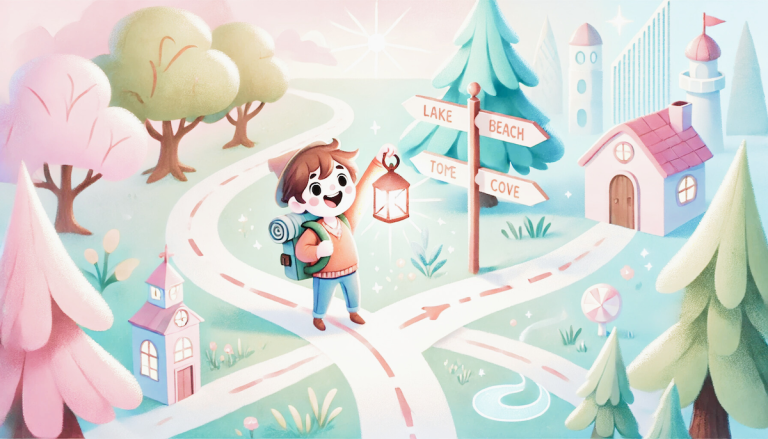 illustration capturing the essence of decision-making and exploration. The contemplative character stands at a crossroads, illuminated by a softly glowing lantern, with multiple paths leading to different destinations. The soft pastel color palette and whimsical atmosphere evoke curiosity, uncertainty, and hope.