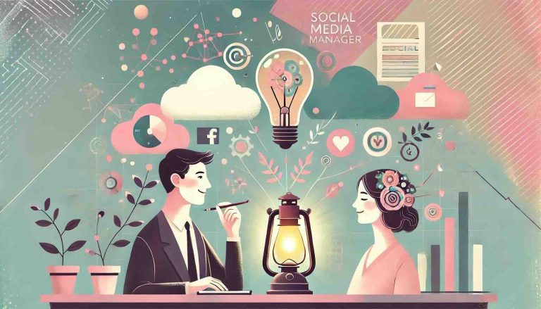 An artistic illustration depicting social media managers in a positive, happy, and inspiring environment. The characters should be engaged, creative,