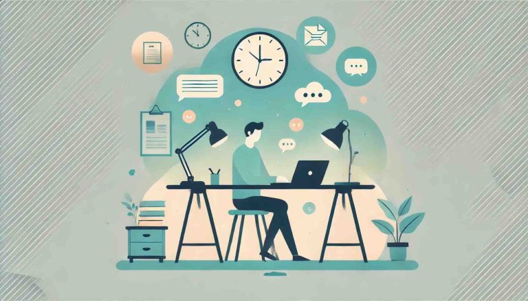 A minimalist flat vector illustration of a freelancer sitting calmly at a simple desk with a laptop. Around them are faint, faded icons of clocks, papers, and chat bubbles symbolizing client pressure, but inside their workspace it looks calm and organized. The person has a relaxed posture, conveying focus without stress. Use soft pastel colors (muted teal, pale pink, soft yellow). Include a small glowing vintage lantern on the desk as a signature detail. Clean and uncluttered design.