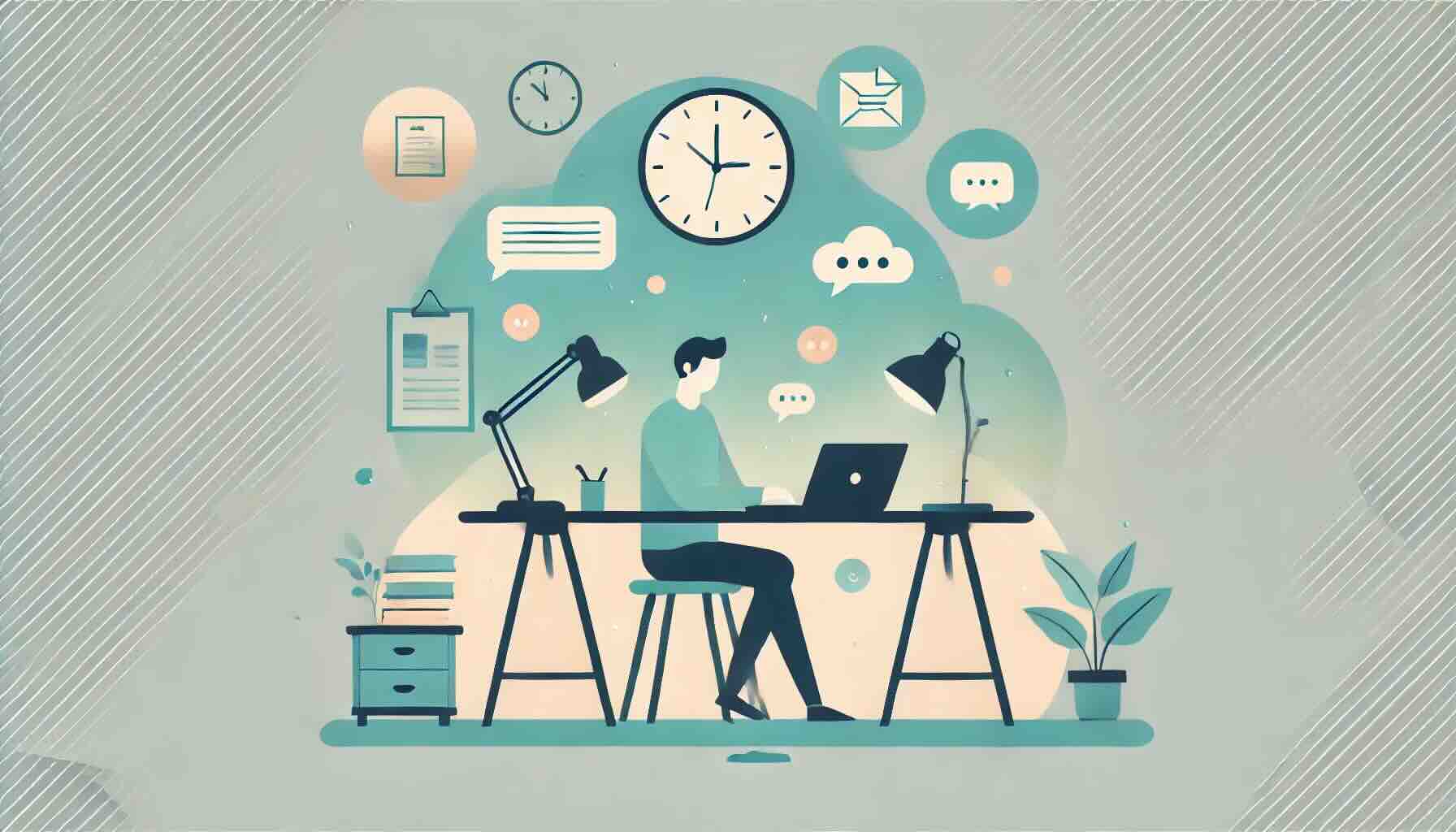 A minimalist flat vector illustration of a freelancer sitting calmly at a simple desk with a laptop. Around them are faint, faded icons of clocks, papers, and chat bubbles symbolizing client pressure, but inside their workspace it looks calm and organized. The person has a relaxed posture, conveying focus without stress. Use soft pastel colors (muted teal, pale pink, soft yellow). Include a small glowing vintage lantern on the desk as a signature detail. Clean and uncluttered design.
