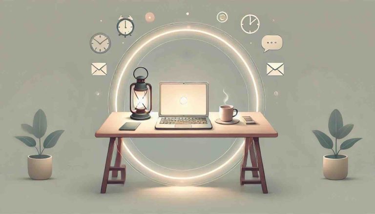 A simple flat vector illustration of a minimalist workspace: an open laptop on a clean desk with a coffee cup. The desk is placed inside a softly glowing circle or square that represents a boundary. Outside the boundary are faint, blurred icons of emails, clocks, and chat bubbles, symbolizing distractions. Inside the boundary it’s calm and uncluttered. Use soft pastel colors (gentle pinks, muted teals, pale yellows). Add a small vintage lantern glowing warmly on the desk as a signature detail.