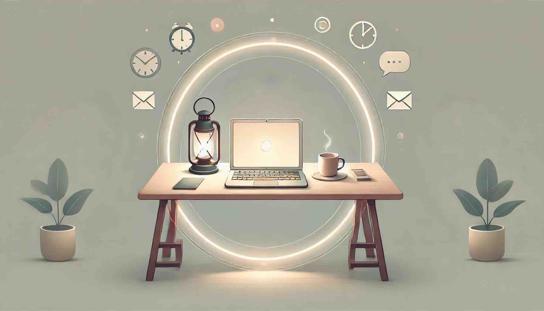A simple flat vector illustration of a minimalist workspace: an open laptop on a clean desk with a coffee cup. The desk is placed inside a softly glowing circle or square that represents a boundary. Outside the boundary are faint, blurred icons of emails, clocks, and chat bubbles, symbolizing distractions. Inside the boundary it’s calm and uncluttered. Use soft pastel colors (gentle pinks, muted teals, pale yellows). Add a small vintage lantern glowing warmly on the desk as a signature detail.