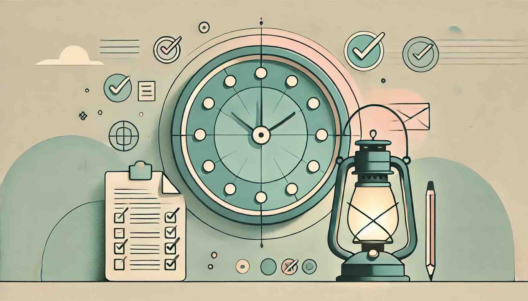 A minimalist flat vector illustration showing a simple clock with soft pastel tones (muted teal, pale pink, pale yellow). Around the clock are scattered faint outlines of papers and task icons, slightly faded to represent delays. In the center, a glowing vintage lantern adds calm light, symbolizing focus and clarity.