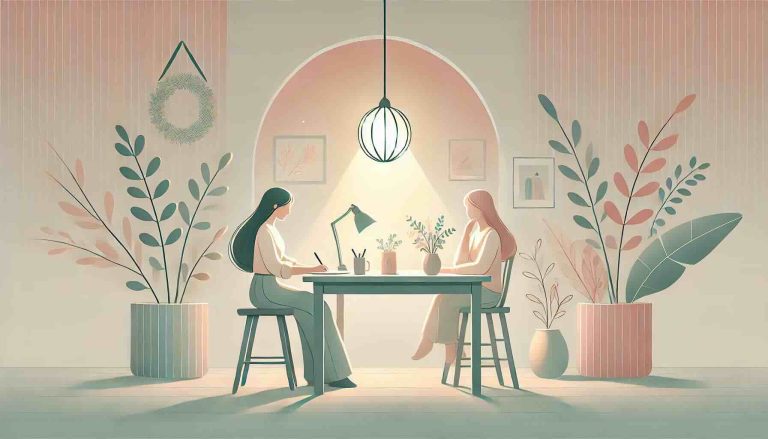 A calm freelancer sitting at a desk, working peacefully with a serene expression. The setting is tranquil and creative, with a soft pastel color palette including gentle pinks, muted teals, and pale yellows. A glowing lantern still hangs from a nearby tree branch, casting a warm light. The overall vibe is peaceful, minimalist, and slightly whimsical.