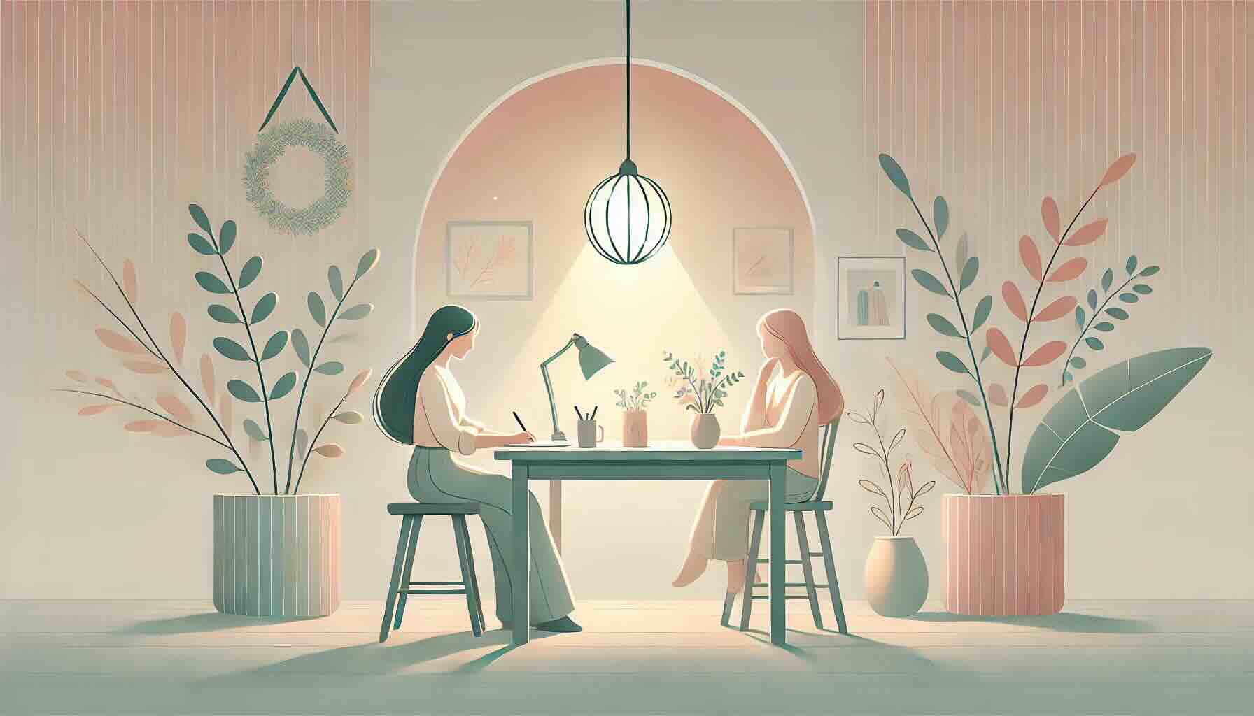 A calm freelancer sitting at a desk, working peacefully with a serene expression. The setting is tranquil and creative, with a soft pastel color palette including gentle pinks, muted teals, and pale yellows. A glowing lantern still hangs from a nearby tree branch, casting a warm light. The overall vibe is peaceful, minimalist, and slightly whimsical.